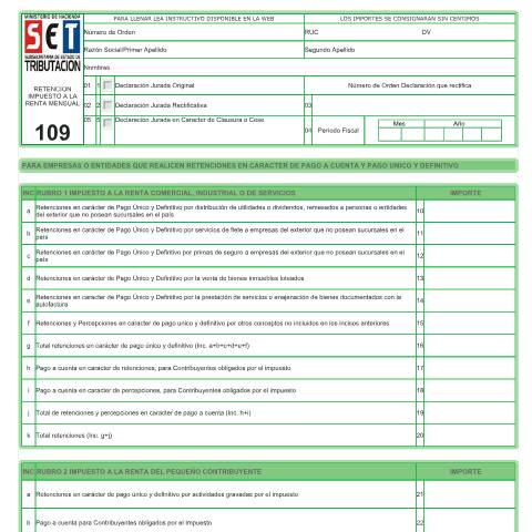 Vista previa del documento Formulario Nº 109 — Declaraciones Juradas, Paraguay (CERFA n°F109)