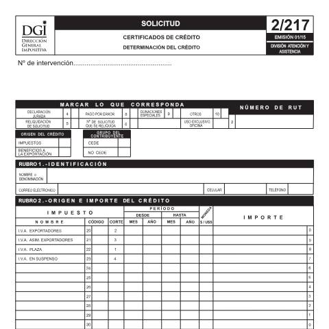 Vista previa del documento Formulario 2/217 -Determinación del crédito — DGI - Formularios, Uruguay (CERFA n°2/217)