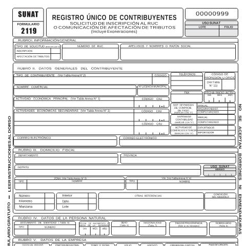 Vista previa del documento Solicitud de Inscripción o Comunicación de Afectación de Tributos - 2119 — FORMULARIOS, Perú (CERFA n°2119)