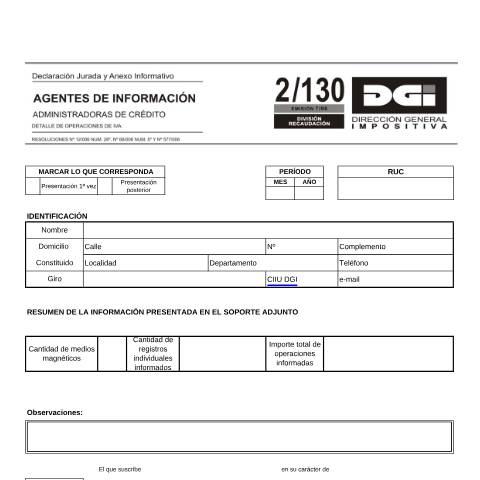 Vista previa del documento Formulario 2130 -Administradoras de crédito — DGI - Formularios, Uruguay (CERFA n°2130)