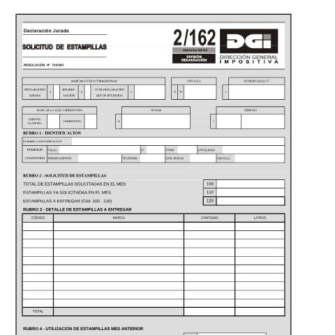 Vista previa del documento Formulario 2162 - Solicitud de estampillas — DGI - Formularios, Uruguay (CERFA n°2162)