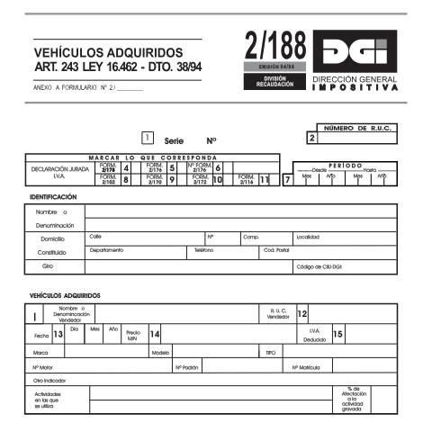Vista previa del documento Formulario 2188 -Vehículos adquiridos — DGI - Formularios, Uruguay (CERFA n°2188)