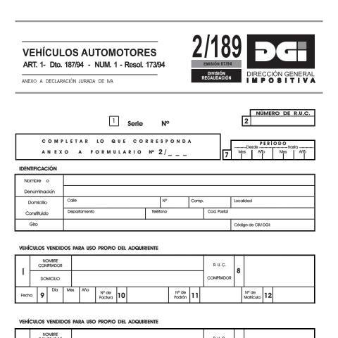 Vista previa del documento Formulario 2189 -Anexo de declaración IVA vehículos automotores — DGI - Formularios, Uruguay (CERFA n°2189)