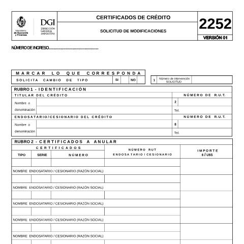 Vista previa del documento Formulario 2252 -Solicitud de modificaciones — DGI - Formularios, Uruguay (CERFA n°2252)