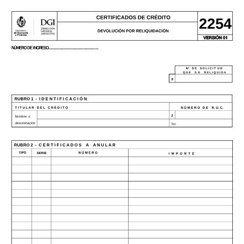 Vista previa del documento Formulario 2254 -Solicitud de devolución por reliquidación — DGI - Formularios, Uruguay (CERFA n°2254)