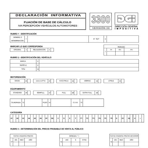 Vista previa del documento Formulario 3300 - IVA Automotores — DGI - Formularios, Uruguay (CERFA n°3300)