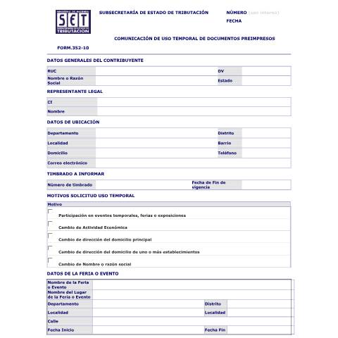 Vista previa del documento Formulario Nº 352-10 — Otros Formularios, Paraguay (CERFA n°F352)