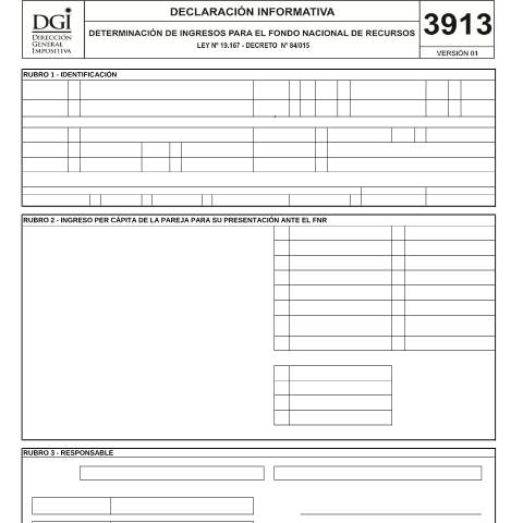 Vista previa del documento Formulario 3913 -Determinación de ingresos para el Fondo Nacional de Recursos — DGI - Formularios, Uruguay (CERFA n°3913)