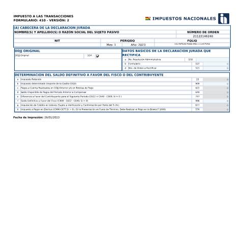 Vista previa del documento Form 410 V2 — Formularios (declaraciones juradas), Bolivia (CERFA n°Form 410)