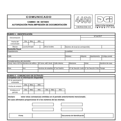 Vista previa del documento Formulario 4450 -Cambio de estado, autorización para impresión de documentos — DGI - Formularios, Uruguay (CERFA n°4450)