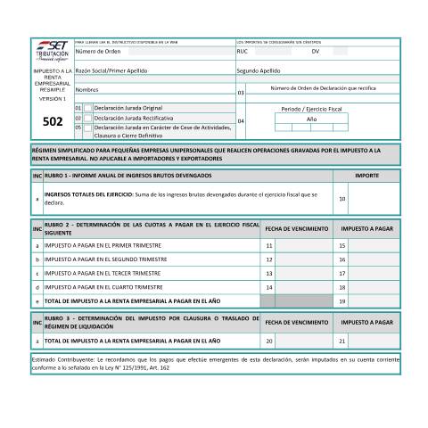 Vista previa del documento Formulario N° 502 - IRE RESIMPLE Versión 1 — Declaraciones Juradas / IRE, Paraguay (CERFA n°F502)