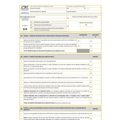 Vista previa del documento Formulario N° 515 - IRP - Rentas derivadas de la prestación de Servicios Personales - Versión 1 — Declaraciones Juradas / IVA, Paraguay (CERFA n°F515)