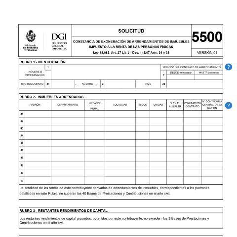 Vista previa del documento Formulario 5500 - Solicitud de constancia de exoneración de arrendamiento de inmuebles — DGI - Formularios, Uruguay (CERFA n°5500)