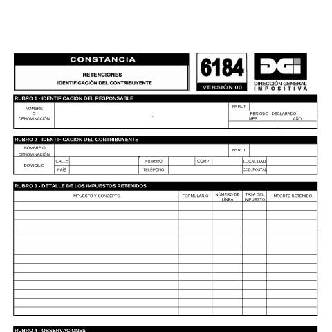 Vista previa del documento Formulario 6184 -Retenciones — DGI - Formularios, Uruguay (CERFA n°6184)
