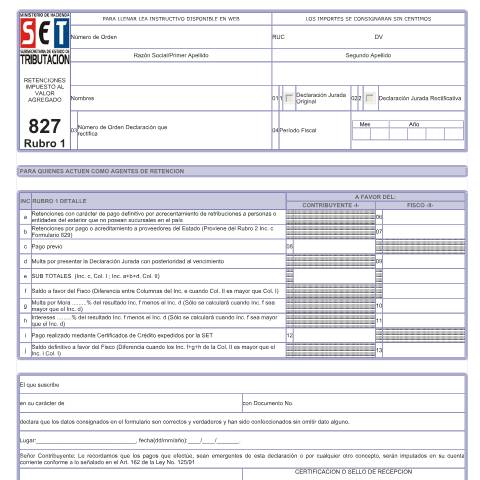 Vista previa del documento Formulario Nº 827 Rubro 1 — Declaraciones Juradas, Paraguay (CERFA n°F827)