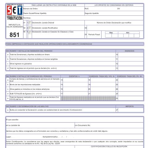 Vista previa del documento Formulario Nº 851 — Declaraciones Juradas, Paraguay (CERFA n°F851)