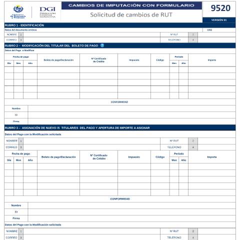 Vista previa del documento Formulario 9520 -Solicitud de Cambios de RUT — DGI - Formularios, Uruguay (CERFA n°9520)
