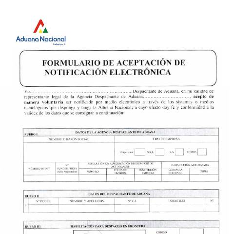 Vista previa del documento Formulario de Aceptación de Notificación Electrónica (Agencias Despachantes de Aduana) — Formularios Aduana Nacional, Bolivia