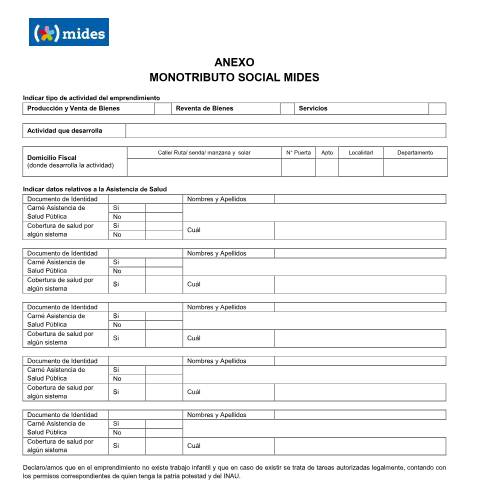 Vista previa del documento Formulario Anexo monotributo social Mides — DGI - Formularios, Uruguay
