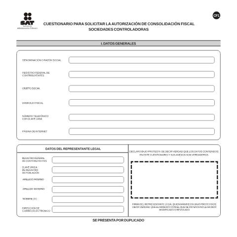 Vista previa del documento Cuestionario para solicitar la autorización de consolidación fiscal. Sociedades controladoras. Esta forma es de libre impresión. — Ley del Impuesto Sobre la Renta (ISR), México (CERFA n°CF-1)