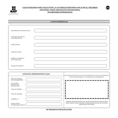 Vista previa del documento Cuestionario para solicitar la autorización para aplicar el régimen opcional para grupos de sociedades. Sociedades Integradas.. Esta forma es de libre impresión. — Ley del Impuesto Sobre la Renta (ISR), México (CERFA n°CGS2)