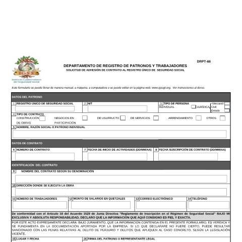Vista previa del documento Formulario DRPT 66 Solicitud de Adhesion de Contrato al Registro Unico de Seguridad Social IGSS Rev 2023 — IGSS - Formularios, Guatemala (CERFA n°DRPT-66)