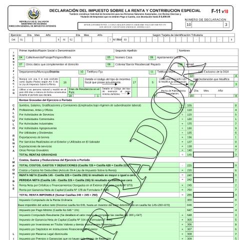 Vista previa del documento F-11v18 borrador — Formulario tributario, El Salvador (CERFA n°F-11-V18)