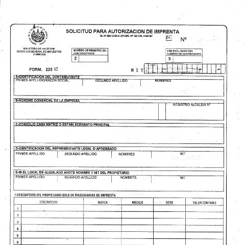 Vista previa del documento F225 — Formulario tributario, El Salvador (CERFA n°F-225)