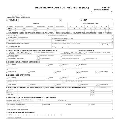 Vista previa del documento F-210 v4 — Formulario tributario, El Salvador (CERFA n°F-210-V4)