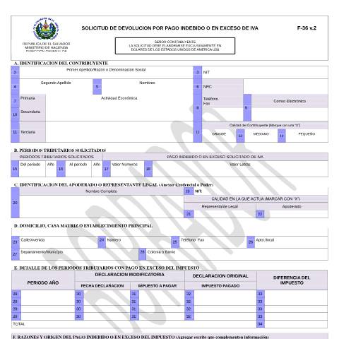 Vista previa del documento F36v2 — Formulario tributario, El Salvador (CERFA n°F-36-V2)