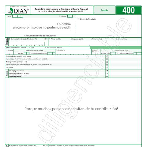 Vista previa del documento Formulario para Liquidar y Consignar el Aporte Especial de las Notarías para la Administración de Justicia — Año 2017, Colombia (CERFA n°F400-2017)