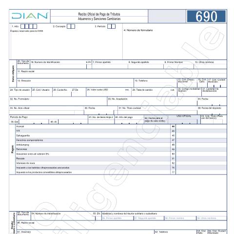 Vista previa del documento Versión 9 (solo para pago de impuestos saludables) Recibo oficial de pago de tributos aduaneros y sanciones cambiarias. — Año 2023, Colombia (CERFA n°F690-2023)