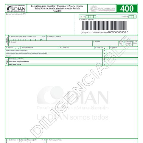 Vista previa del documento Formulario para liquidar y consignar el aporte especial de las notarías para la justicia año 2005 — Año 2005, Colombia (CERFA n°F400-2005)