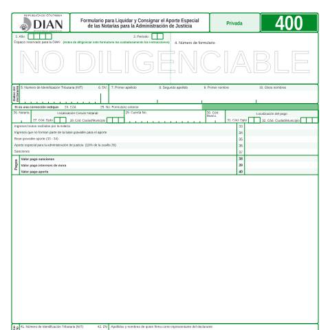Vista previa del documento Formulario para Liquidar y Consignar el Aporte Especial de las Notarías para la Administración de Justicia — Año 2008, Colombia (CERFA n°F400-2008)