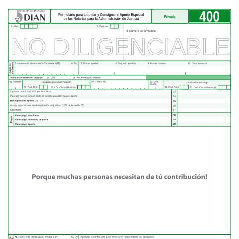 Vista previa del documento Formulario para Liquidar y Consignar el Aporte Especial de las Notarías para la Administración de Justicia — Año 2009, Colombia (CERFA n°F400-2009)