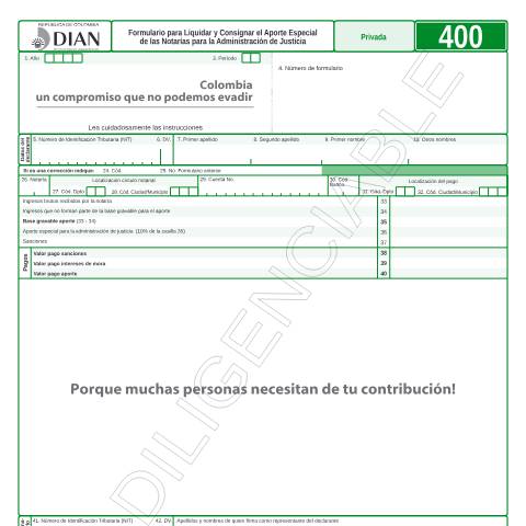 Vista previa del documento Formulario para Liquidar y Consignar el Aporte Especial de las Notarías para la Administración de Justicia — Año 2011, Colombia (CERFA n°F400-2011)