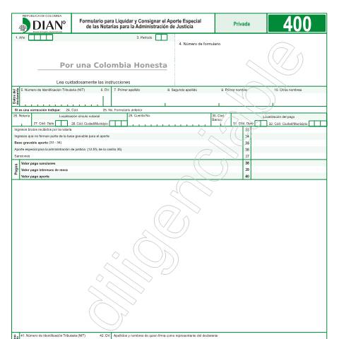 Vista previa del documento Formulario para Liquidar y Consignar el Aporte Especial de las Notarías para la Administración de Justicia - Resolución 4 de enero 15 de 2019 — Año 2019, Colombia (CERFA n°F400-2019)