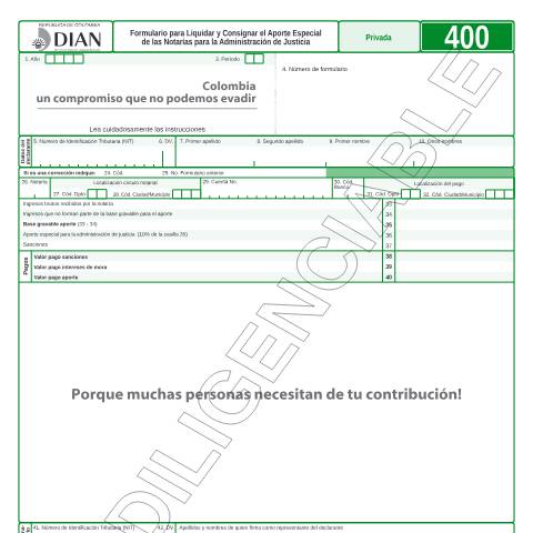 Vista previa del documento Formulario para Liquidar y Consignar el Aporte Especial de las Notarías para la Administración de Justicia — Año 2013, Colombia (CERFA n°F400-2013)