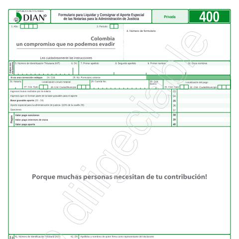 Vista previa del documento Formulartio para liquidar y Consignar el aporte especial de las Notarías para la administración de la justicia — Año 2015, Colombia (CERFA n°F400-2015)