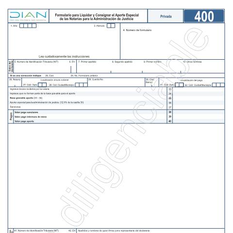 Vista previa del documento Formulario para Liquidar y Consignar el Aporte Especial de las Notarías para la Administración de Justicia - Resolución 4 de enero 15 de 2019 — Año 2021, Colombia (CERFA n°F400-2021)