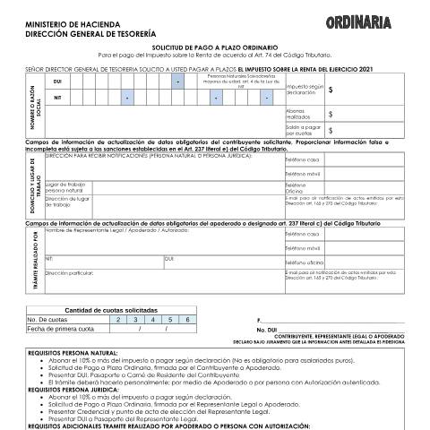 Vista previa del documento Formulario pago a plazos ordinarios — Formulario de Tesorería, El Salvador (CERFA n°700-DGT-FR-2020-22048)