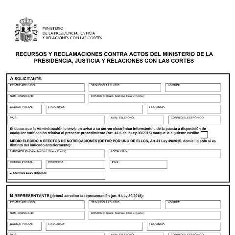 Vista previa del documento Formulario de recursos y reclamaciones contra actos del Ministerio de Justicia — Ministerio de Justicia — Modelos de solicitud normalizados, España