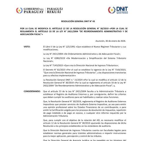 Vista previa del documento RG DNIT N° 43 2026 — Auditores Externos Impositivos, Paraguay