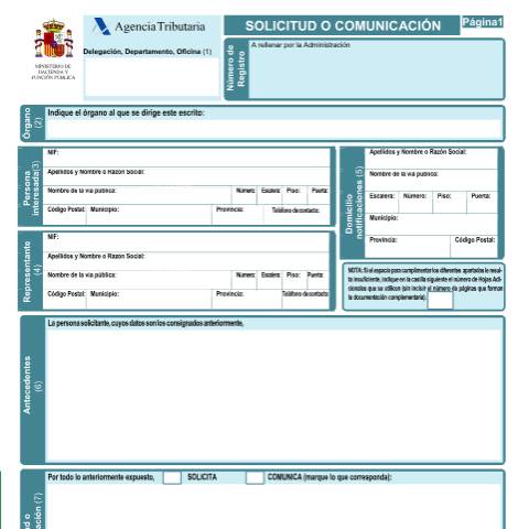 Vista previa del documento Solicitud o comunicación — AEAT — Modelos de representación / autorización, España