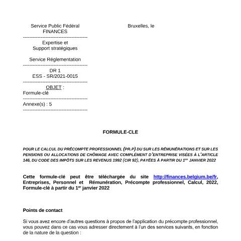 Aperçu du document Formule-clé à partir du 1er janvier 2022 (PDF, 372.49 Ko) — SPF Finances, Belgique (CERFA n°Formule-clé à partir du 1er janvier 2022)