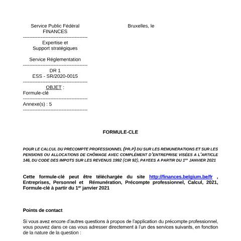 Aperçu du document Formule-clé à partir du 1er janvier 2021 (PDF, 356.62 KB) — SPF Finances, Belgique (CERFA n°Formule-clé à partir du 1er janvier 2021)