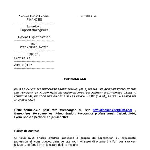 Aperçu du document Formule-clé à partir du 1er janvier 2020 (PDF, 361.79 Ko) — SPF Finances, Belgique (CERFA n°700-formule-cle-20200101)