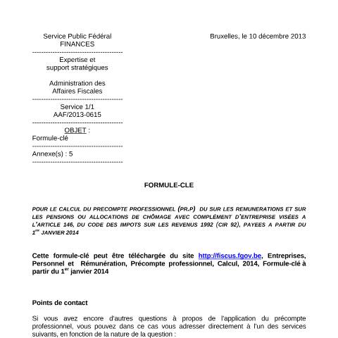 Aperçu du document Formule-clé (PDF, 128.69 Ko) — SPF Finances, Belgique (CERFA n°fc2013-0615fr)