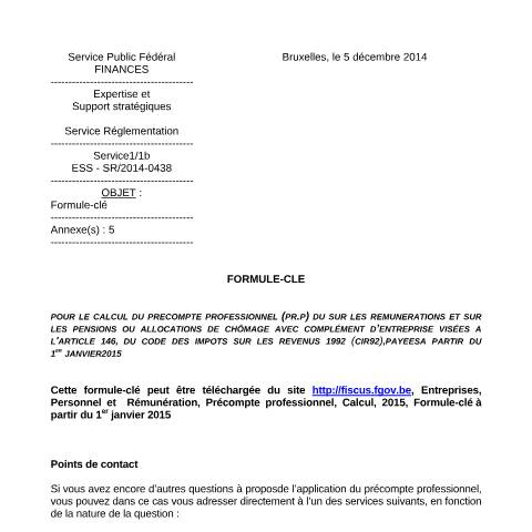 Aperçu du document Formule-clé à partir du 1er janvier 2015 (PDF, 125.7 Ko) — SPF Finances, Belgique (CERFA n°fc2014-0438FR)