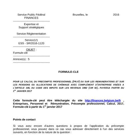 Aperçu du document Formule-clé à partir du 1er janvier 2017 (PDF, 124.57 Ko) — SPF Finances, Belgique (CERFA n°700-formule-cle-20170101)